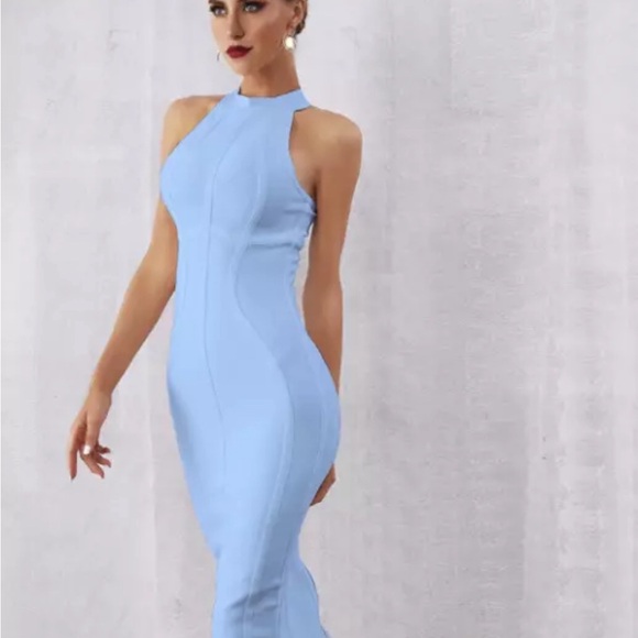 NEW! DESIGNER COUTURE LIGHT BLUE HALTER BANDAGE DRESS HIGH NECK DRESS BABY BLUE - Picture 5 of 6